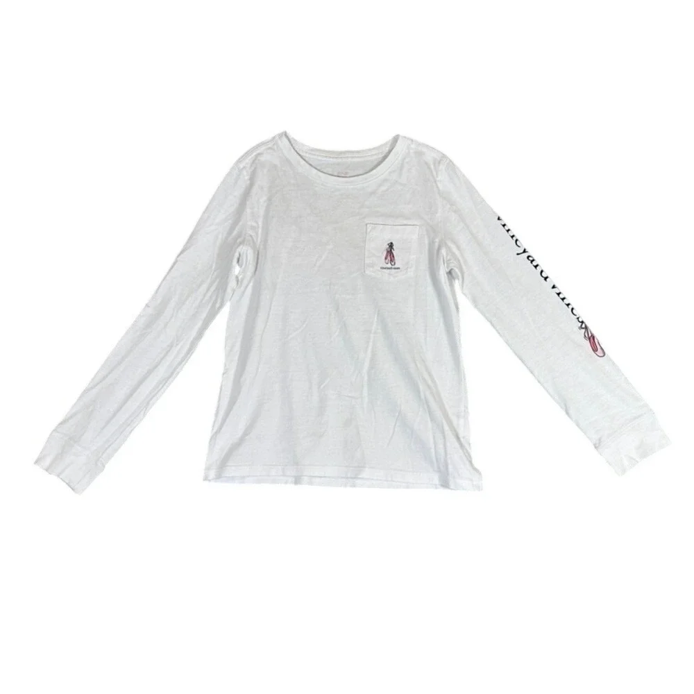 Vineyard Vines Girls White Ballet Slipper Long Sleeve Pocket Tee Shirt S